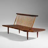 Conoid bench with spindle back by George Nakashima, 1968, American black walnut, hickory, rosewood, sold Nov 2019