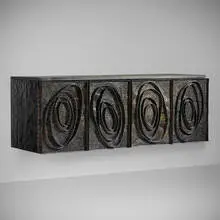 Rare Sculpture Front wall-mounted cabinet by Paul Evans, 1967, welded and patinated steel, colored pigments, cleft slate, sold Nov 2019