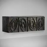 Rare Sculpture Front wall-mounted cabinet by Paul Evans, 1967, welded and patinated steel, colored pigments, cleft slate, sold Nov 2019