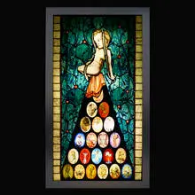Judith Schaechter, Enigmedusa, 2006, leaded and enameled flash glass, painted wood, brushed stainless steel veneer over wood, light box