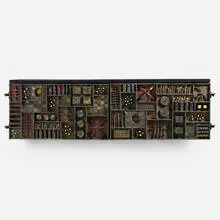 Paul Evans, Important Sculpture Front wall-mounted cabinet, 1966, welded and patinated steel, brass, colored pigments, 23 karat gold leaf, cleft slate