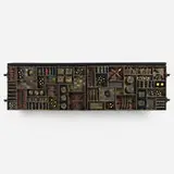 Important Sculpture Front wall-mounted cabinet by Paul Evans, 1966, welded and patinated steel, brass, colored pigments, 23 karat gold leaf, cleft slate, sold Nov 2019
