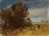 Wilhelm Busch, Landschaft mit Kühen, Rotjacke und Windmühle