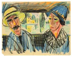 Paar im Boot by Max Pechstein, 1924, Farbkreide auf Papier (aus einem Skizzenblock), sold Nov 2009