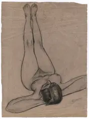 Max Beckmann, Auf dem Rücken liegender weiblicher Akt mit nach oben gestreckten Beinen (Betty?)“. Wohl um 1927, Kohle auf bräunlichem Hahnemühle-Bütten
