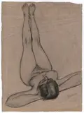 Max Beckmann, Auf dem Rücken liegender weiblicher Akt mit nach oben gestreckten Beinen (Betty?)“. Wohl um 1927, Kohle auf bräunlichem Hahnemühle-Bütten