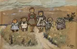 Kindergruppe by Heinrich Zille, 1903, Farbige Kreiden, Aquarell und Deckweiß auf braunem Papier, sold Nov 2010