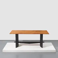 Walead Beshty, Table [Source: wood and glass viewing room table designed by Jacaranda from the private viewing room at Friedrich Petzel Gallery, New York. Surrogate: WB72914 (produced in conjunction with Friedrich Petzel, Andrea Teschke, Samantha Tsao, Jason Murison, Kat Parker, Matthew Wilkin, Seth Kelly, Daniel Finch, Dorian McKaie, Elliot Wright, Brian Wondergem, Nick Bennett, Theodora Gilman, Ko Sadakuni, Andrew Black, Laura Higgins, Marco Palumbo, and Alexis Diop), Copper Surrogate (designed by Jacaranda, 456 West 18th Street, New York, New York, June 26–October 4, 2014), conceived in 2013, produced in 2014, made of polished copper and powder-coated steel with the dimensions 36 x 72 x 1 1/2 inches. Production completed by Benchmark Scenery Incorporated, Glendale, California from 48 ounce Electrolytic-Tough-Pitch C11000 Copper Alloy cut from 60 x 120 inch mirrorpolished sheet and 24 ounce Electrolytic-Tough-Pitch C11000 Copper Alloy cut from 60 x 120 inch mirror-polished sheet, with formed corners where necessary, copper plated hardware, perimeter edge French cleat system, and separate black powder-coated steel support structures. $15,632.00 production cost including travel and storage crates with floating lockable cleat system. Unexposed surrogates shipped by Crate 88 Incorporated from Los Angeles to New York, June 19 through June 23, 2014. Installed in place of Jacaranda table at 456 West 18th Street, New York on June 26, 2014, exposure through the duration of A Machinery for Living organized by Walead Beshty and Walead Beshty: Performances Under Working Conditions at Friedrich Petzel Gallery, New York, closing October 4, 2014. Table has one base surrogate with the dimensions 27 3/4 x 51 x 21 1/2 inches.], 2014, copper tabletop and powder-coated steel base, in 2 parts