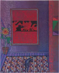 Jj Manford, Room with MoMA Exhibition Poster (Charles Burchfield: Early Watercolors, 1916-1918), 2020, oil on burlap over canvas