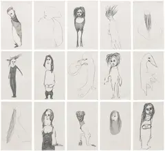 Nicola Tyson, Group #17, 1994–1995, graphite on paper, in 15 parts