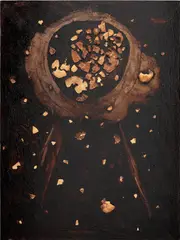 Evan Holloway, Ba'al and Tanit, 2014, bitumen and orange rind on panel