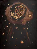 Evan Holloway, Ba'al and Tanit, 2014, bitumen and orange rind on panel