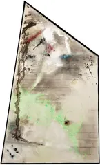 Lucy Dodd, Sail 2, 2016, spirulina, black lichen, sumac tea, wild black walnut rind, kombucha SCOBY, foss leaf extract, Hudson River water, sea snail (Murex trunculus) dye, raspberry leaf tea, yerba mate, mica, powdered iron, hematite, graphite, sand and mixed media on canvas