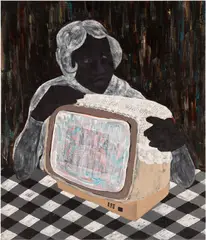 Godwin Champs Namuyimba, Underneath the White Channel, 2021, acrylic and paper collage on denim
