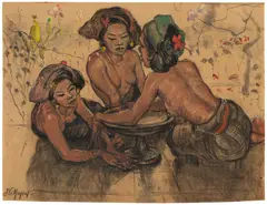 Jean Le Mayeur, Balinese Maidens, charcoal, pastel and gouache on paper