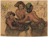 Jean Le Mayeur, Balinese Maidens, charcoal, pastel and gouache on paper