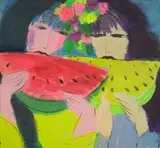Walasse Ting, Ladies with Watermelons, acrylic on paper