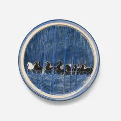 André Brasilier, Cavalier dans la forêt bleue, painted and glazed ceramic plate