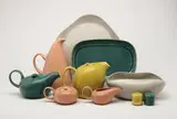 Russel Wright, American Modern large group of ceramics (82 pieces), Coral, Granite Gray, Cedar Green and Chartreuse Curry glazed ceramics