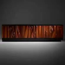 Exceptional cabinet by Phillip Lloyd Powell, 1960s, carved and sculpted walnut, ebony, cleft slate, sold Nov 2019