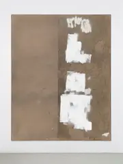 David Ostrowski, F (Yes or Let's Say No), 2013, Acryl, Lack und Papier auf Rupfen, mit Künstlerleiste