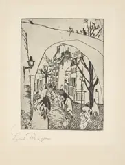 Die grüne Brücke (Torbogen) by Lyonel Feininger, 1910, Radierung auf Zanders-Bütten (Wasserzeichen: Einhorn), sold Feb 2024