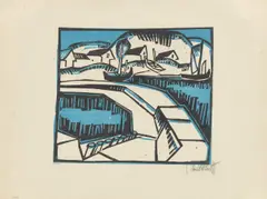 Karl Schmidt-Rottluff, Dünen und Mole, 1917, Farbholzschnitt auf dünnem elfenbeinfarbenem Bütten