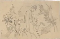 August Macke, Mann mit Krügen, 1914, Bleistift auf Pergamentpapier