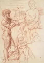 Hans von Marées, Stehender Knabe und sitzende Frau, Um 1884, Rötel auf Papier (Wasserzeichen: Buchstaben (Fragmente))
