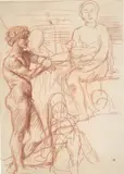 Hans von Marées, Stehender Knabe und sitzende Frau, Um 1884, Rötel auf Papier (Wasserzeichen: Buchstaben (Fragmente))