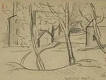 Oscar Florianus Bluemner, Oaks Pond and two drawings of Bloomfield Lock, 1922, charcoal on tan paper