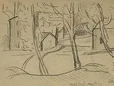 Oscar Florianus Bluemner, Oaks Pond and two drawings of Bloomfield Lock, 1922, charcoal on tan paper