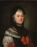German School, Portrait of a lady, traditionally said to be of the Hönigswald family, bust-length, in black and white lace costume with red bows