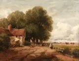 David Cox Snr. O.W.S., Landscape with figures walking past a cottage, oil on canvas