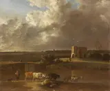 A drover with his flock crossing a river by Jan Vincentsz van der Vinne, oil on canvas, sold Oct 2020