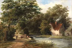Alfred Vickers Snr, Cattle watering at the mill pond, oil on canvas