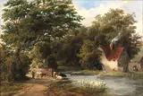 Alfred Vickers Snr, Cattle watering at the mill pond, oil on canvas