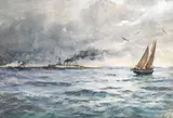 Ra Rws Charles Napier Hemy, Naval ships steaming past, watercolour and gouache