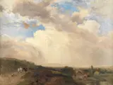 John Linnell, Open landscape with travellers on a path, oil on board