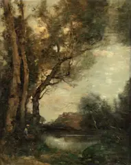 Landscape with a seated figure by a tree-lined river by Maurice Levis, oil on canvas, offered Oct 2020
