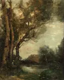 Maurice Levis, Landscape with a seated figure by a tree-lined river, oil on canvas