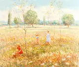 Jacques Meugnier, Picking wildflowers; The garden in summer, oil on canvas
