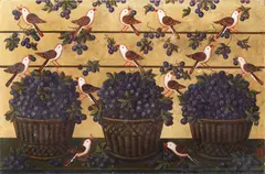Miguel Canals, Birds with baskets of fruit on a gold background, oil on canvas