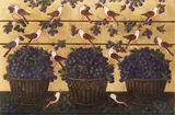 Miguel Canals, Birds with baskets of fruit on a gold background, oil on canvas