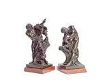 Edme Dumont, and Jacques Bousseau (French, 1681 - 1740): A pair of late 19th century patinated bronze figures of Milo of Croton and Ulysses, patinated bronze
