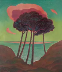 Gustav Wunderwald, Föhren mit roter Wolke“ („Kiefern mit roter Wolke“), Um 1909, Öl auf Leinwand