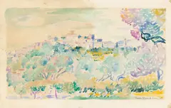 Henri-Edmond Cross, Südliche Landschaft mit Olivenhain und Städtchen auf einem Hügel, 1908, Aquarell über Bleistift auf Velin