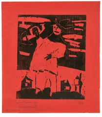 Trompeter (mit Hut) by Lyonel Feininger, 1918, Holzschnitt auf rotem Seidenpapier, sold Jun 2016