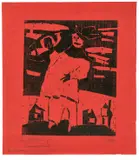 Lyonel Feininger, Trompeter (mit Hut), 1918, Holzschnitt auf rotem Seidenpapier