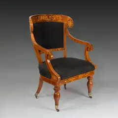 Julius Wanschaff, Lehnstuhl Wilhelm Hensels (1794-1861), 1833, Mahagoni, teilweise massiv, furniert mit Ahorneinlagen; Messingfüße mit Rollen; Textil erneuert